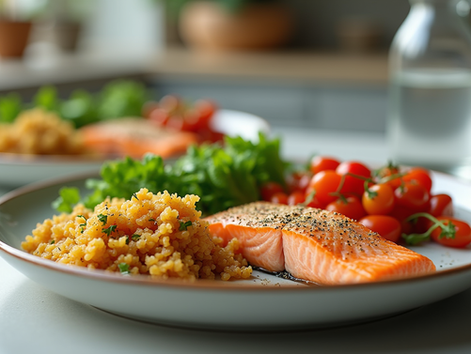Eye-level view of a colorful plate with grilled salmon, roasted vegetables, quinoa, and a small bowl of sauerkraut
