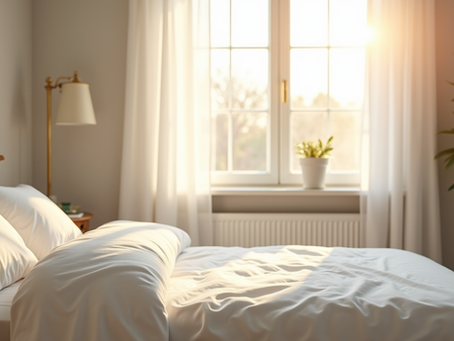 Eye-level view of a neatly made bed in a sunlit bedroom