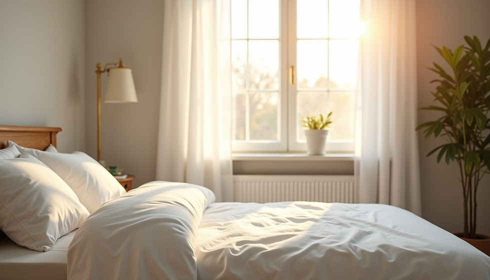 Eye-level view of a neatly made bed in a sunlit bedroom