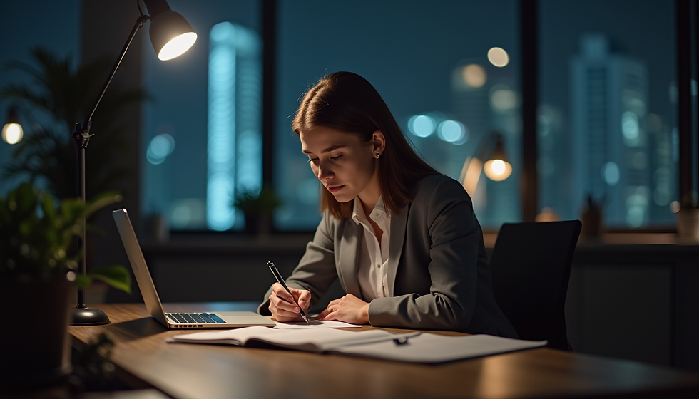 Eye-level view of a focused individual working late at a desk with notes and a laptop