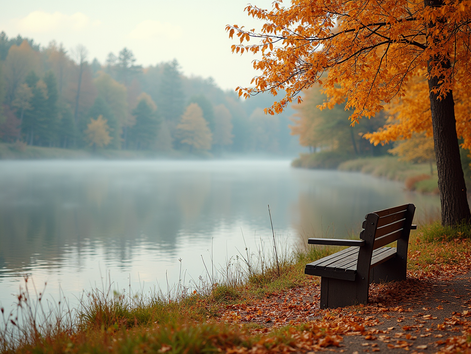 Eye-level view of a quiet lakeside with a single wooden bench surrounded by trees in autumn