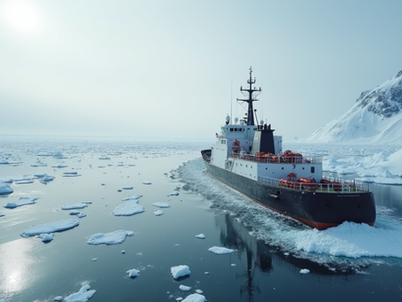 Eye-level view of an icebreaker ship navigating through melting Arctic ice