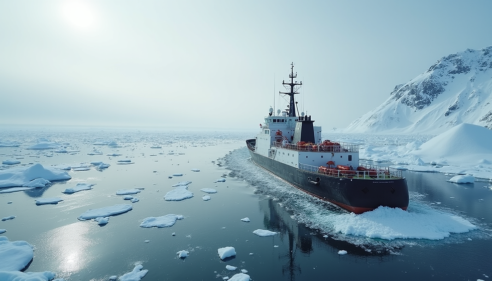 Eye-level view of an icebreaker ship navigating through melting Arctic ice