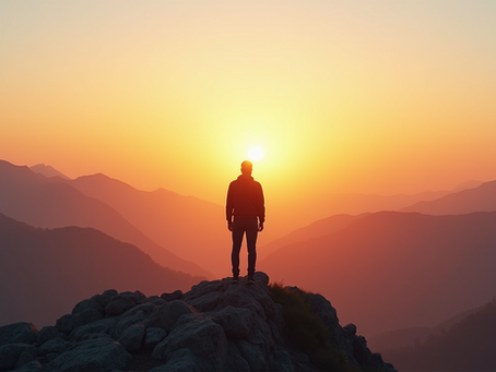 Eye-level view of a person standing on a mountain peak looking at a clear sunrise horizon