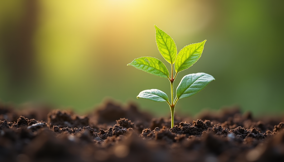 Eye-level view of a young tree sapling growing in fertile soil