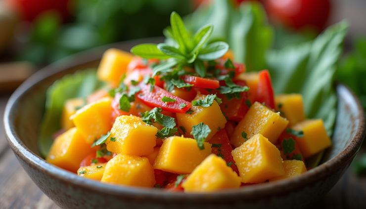 Eye-level view of a bowl filled with colorful Thai mango salad featuring cucumber sticks, carrot strips, mango pieces, cherry tomatoes, cashews, and fresh herbs