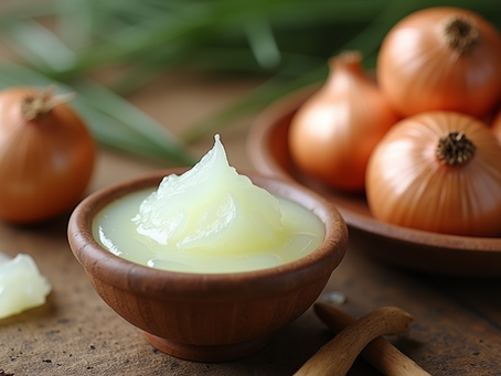 Close-up view of fresh onion bulbs and a small bowl of onion juice on a wooden surface