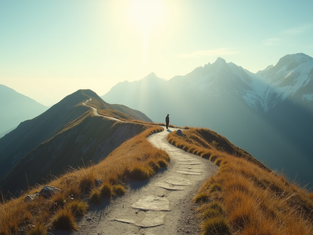 Eye-level view of a winding mountain path under a bright sky
