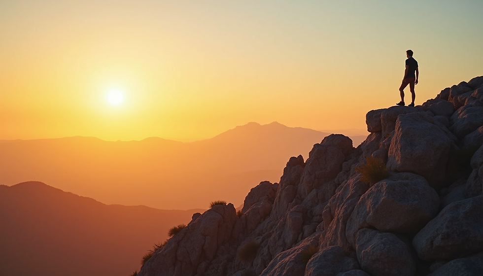 Eye-level view of a person standing on a rocky peak overlooking a vast landscape at sunrise