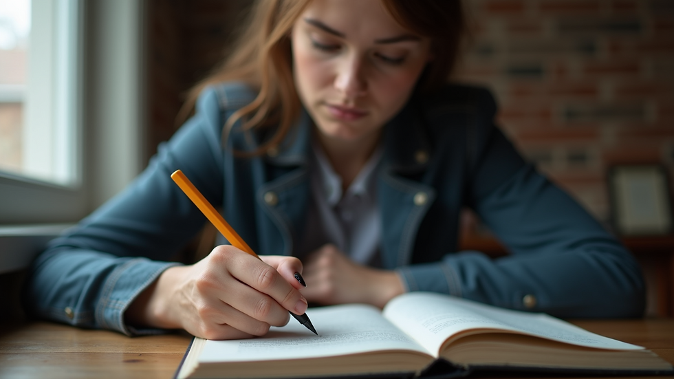 Close-up view of a person looking thoughtfully at a notebook