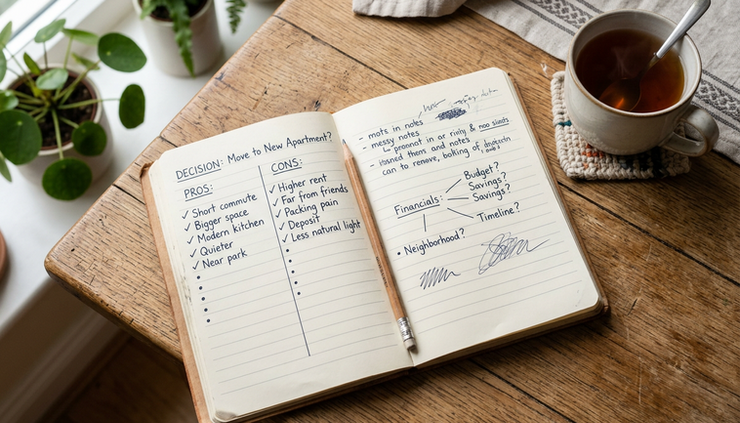 Overhead view of a notebook with a simple decision checklist beside a cup of tea