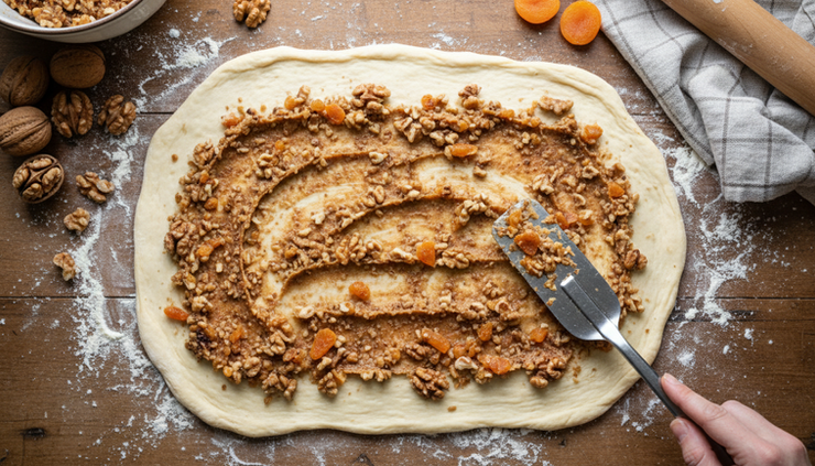 Overhead view of walnut filling being spread over rolled strudel dough