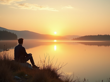 Eye-level view of a person sitting peacefully by a calm lake during sunrise