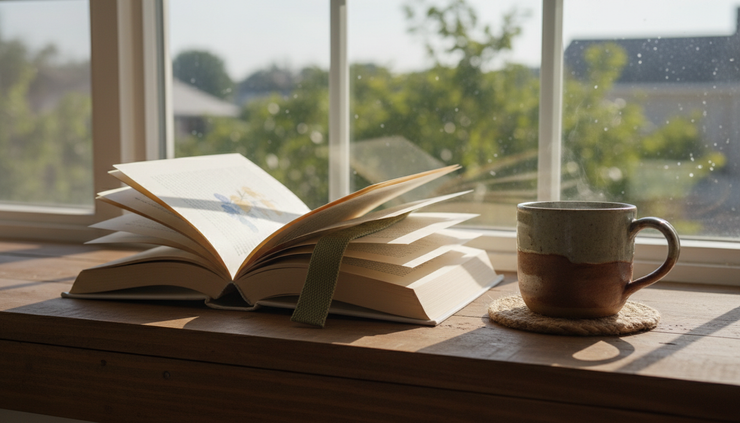 Close-up view of an open book with a bookmark resting after the first page.