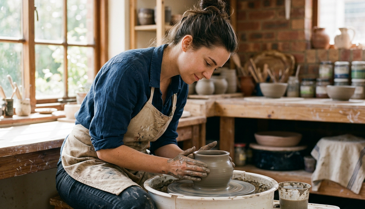 Eye-level view of a person shaping clay on a pottery wheel.