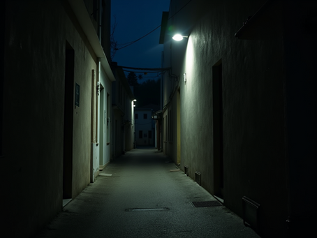 Close-up view of a dark alley with a single streetlight illuminating the path