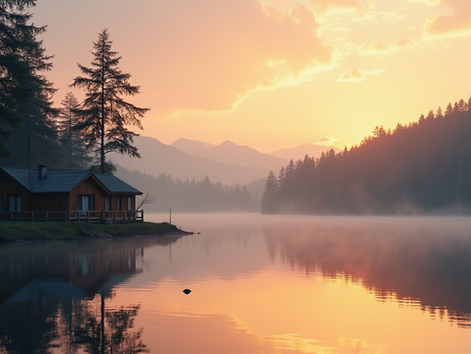 Eye-level view of a serene lakeside cabin surrounded by trees at sunrise