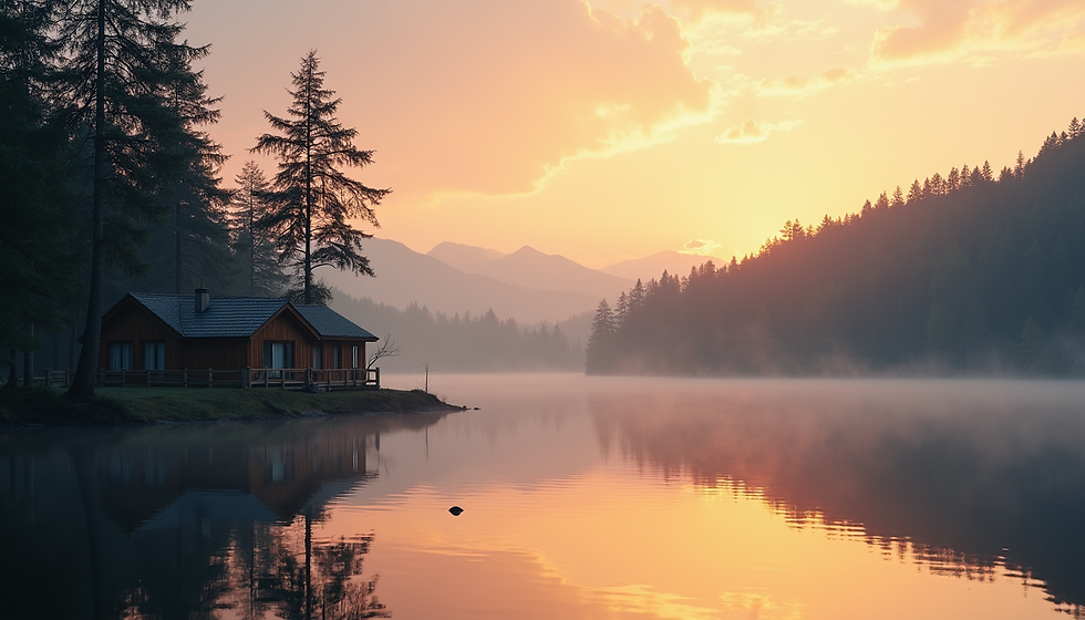 Eye-level view of a serene lakeside cabin surrounded by trees at sunrise