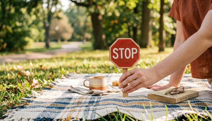 Close-up of a hand gently holding a small stop sign beside a picnic blanket.
