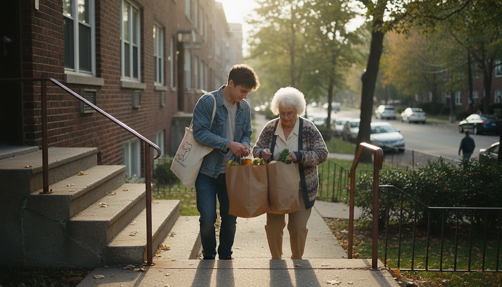 Eye-level view of a young adult helping a neighbor carry groceries up apartment steps.