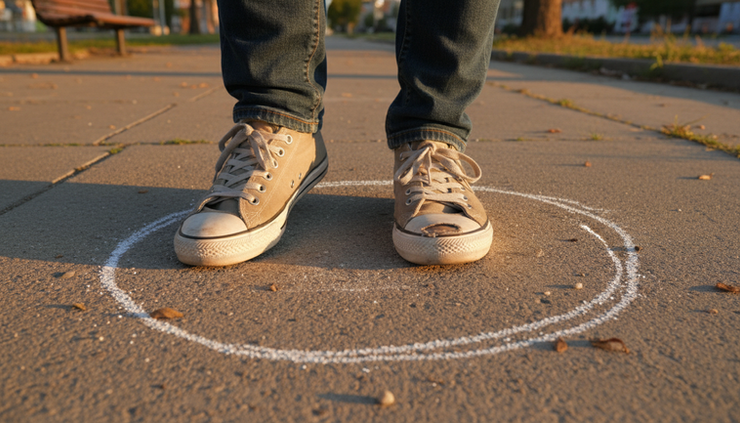 Overhead view of a pair of worn sneakers stepping over a chalk circle on a sidewalk.