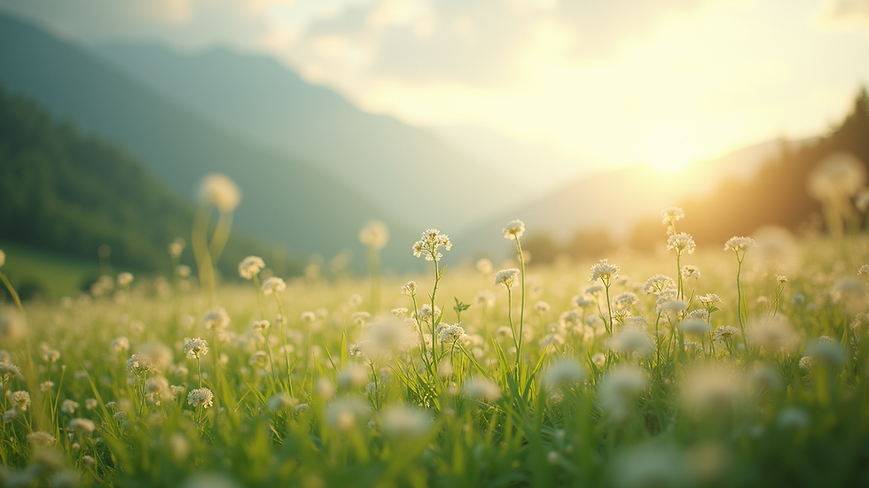 Close-up view of a serene landscape with soft sunlight filtering through trees