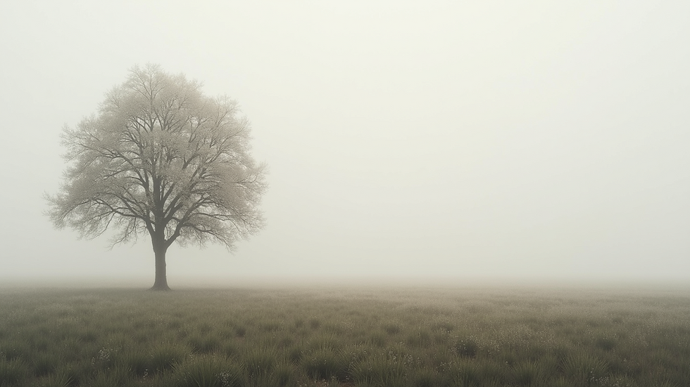 Eye-level view of a serene landscape with a single tree standing tall