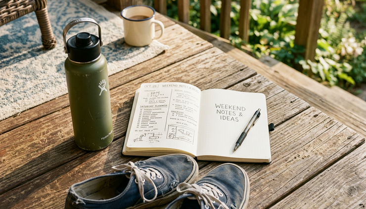 Overhead view of a simple water bottle, sneakers, and notebook on a sunny porch