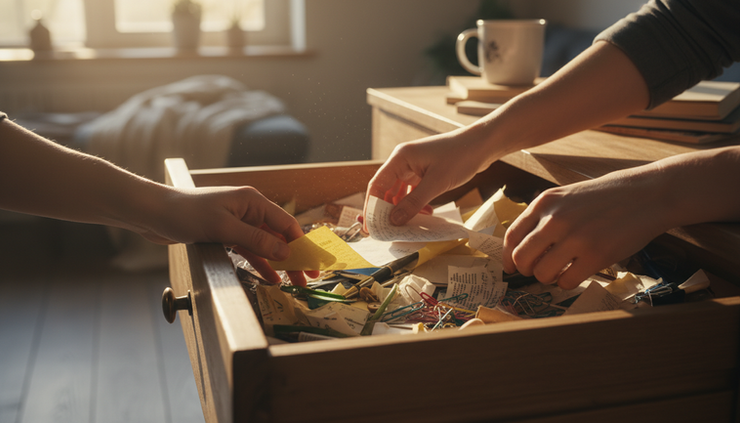 Close-up view of hands removing old papers and small clutter from a wooden drawer