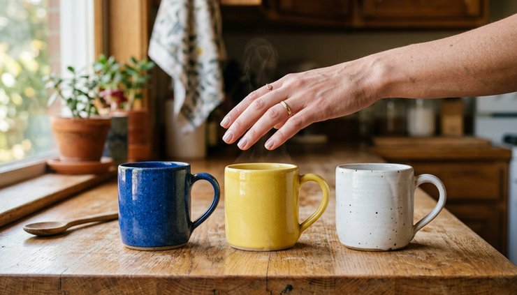 Close-up view of a hand hovering over three different mugs on a kitchen counter