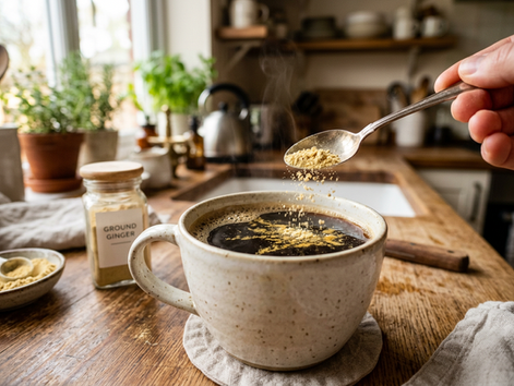 Close-up of ground ginger being sprinkled into a cup of coffee.