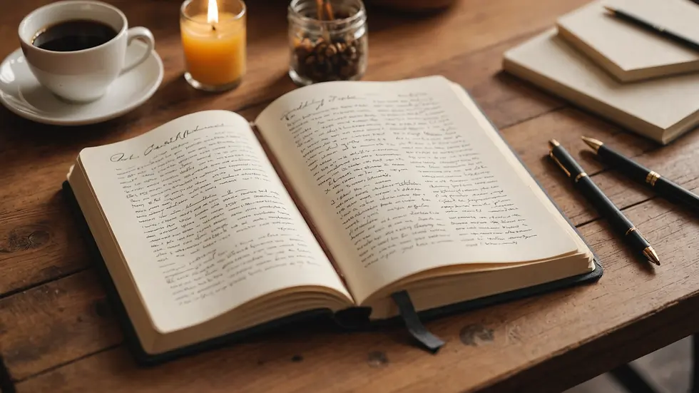 Close-up view of an open gratitude journal on a wooden table