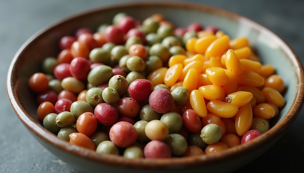 Close-up view of a bowl of assorted legumes, including beans and lentils