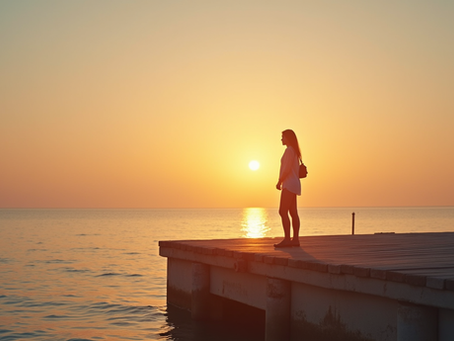 Eye-level view of a person standing alone at the edge of a quiet pier during sunset