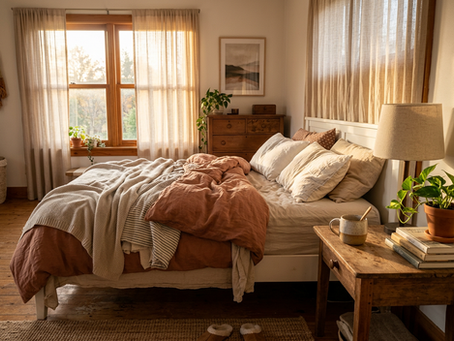 Wide-angle view of a quiet bedroom glowing with early morning light.