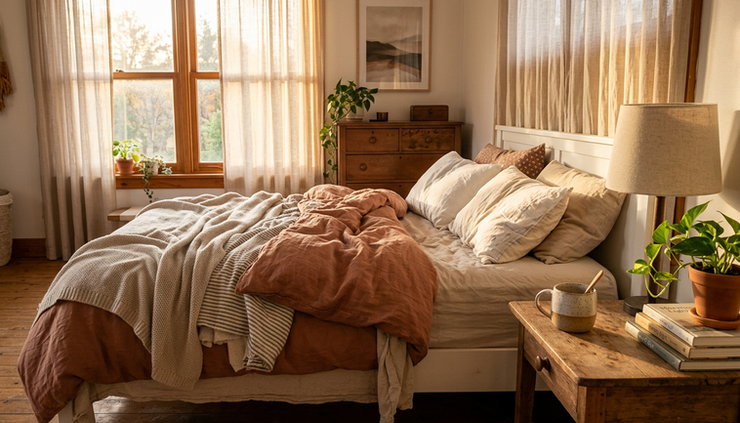 Wide-angle view of a quiet bedroom glowing with early morning light.