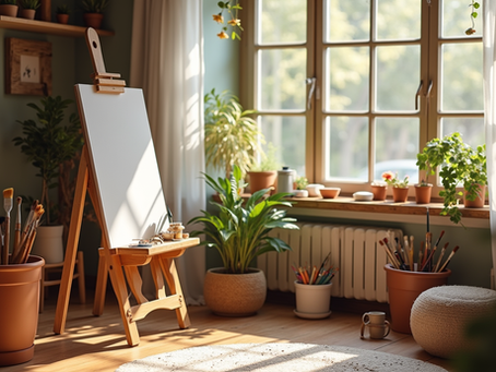 Eye-level view of a cozy art studio corner with easel and paint supplies