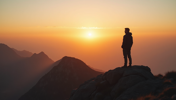 Eye-level view of a person standing confidently on a mountain peak during sunrise