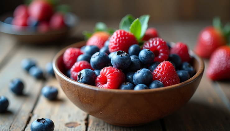 Eye-level view of a bowl of mixed berries including blueberries, raspberries, and strawberries