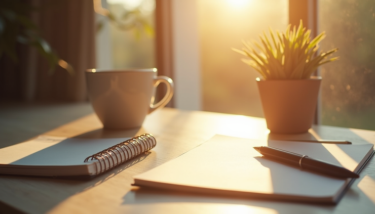 Eye-level view of a sunlit desk with a notebook, pen, and a cup of coffee ready for a fresh start
