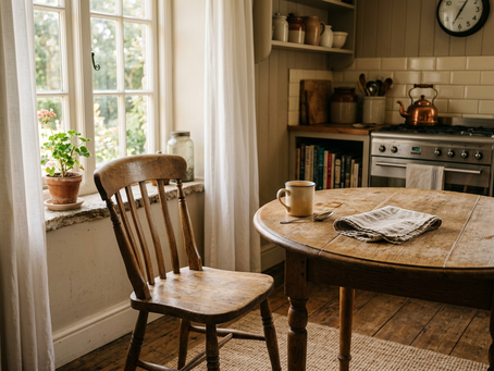 Eye-level view of an empty chair beside a sunny kitchen table.