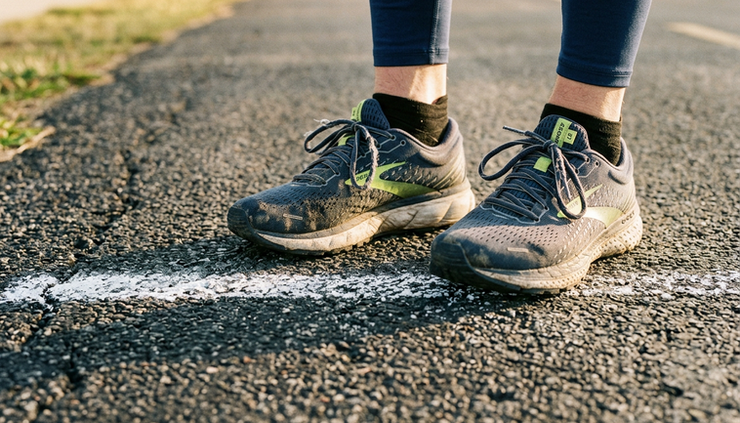 Close-up of running shoes paused beside a chalk finish line