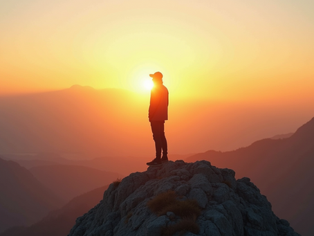 Eye-level view of a person standing on a mountain peak at sunrise, looking at the horizon