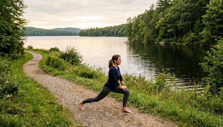 Wide-angle view of a person stretching beside a lake in soft afternoon light.