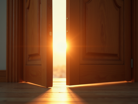 Eye-level view of a closed wooden door with a bright light shining through the crack