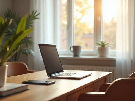Eye-level view of a cozy home workspace with natural light and a laptop on a wooden desk