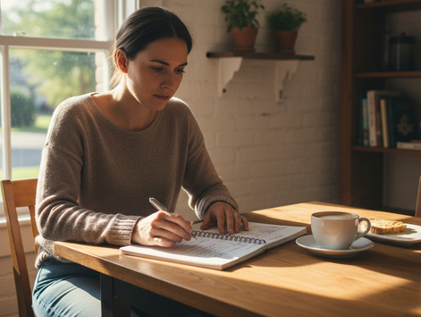 Eye-level view of a person staring at a notebook beside a half-finished cup of coffee.