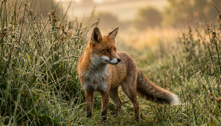 Close-up of a fox standing alert in tall grass at dawn.