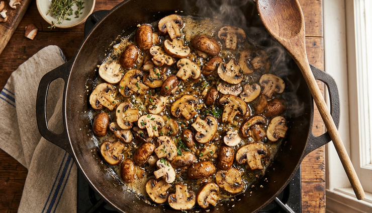 Overhead view of sliced mushrooms browning in a wide pot.