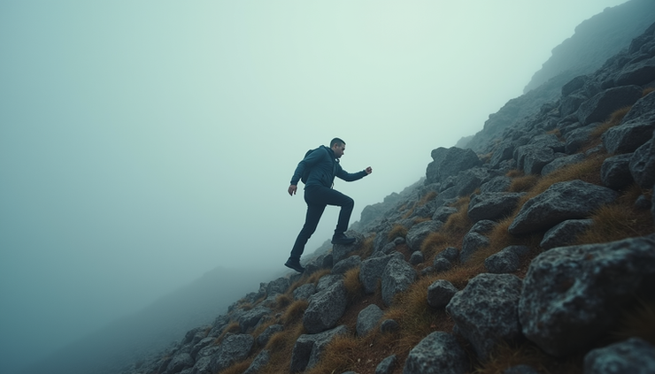 Eye-level view of a person climbing a steep rocky hill with determination